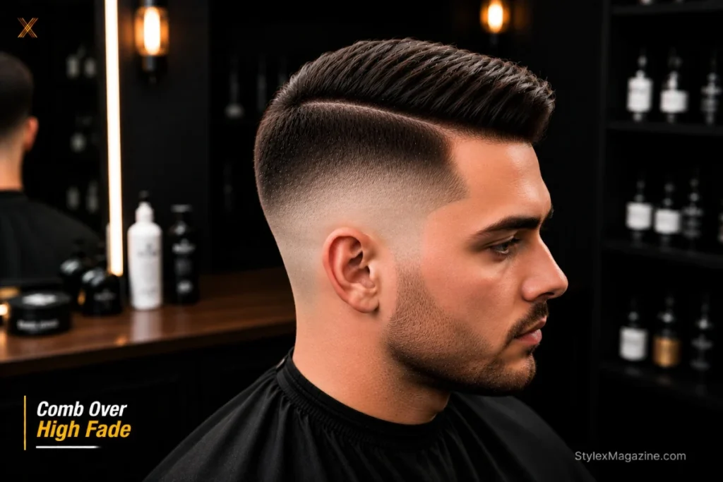 Classic comb over with high fade above temples showing maximum skin on sides and bold contrast