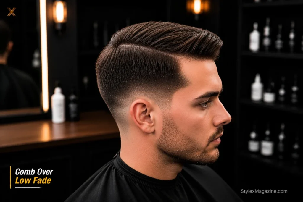 Classic comb over with low fade line starting just above the ear with full sides remaining