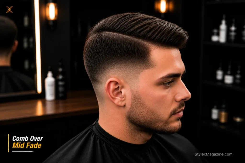 Classic comb over with mid fade at temple level showing balanced moderate contrast