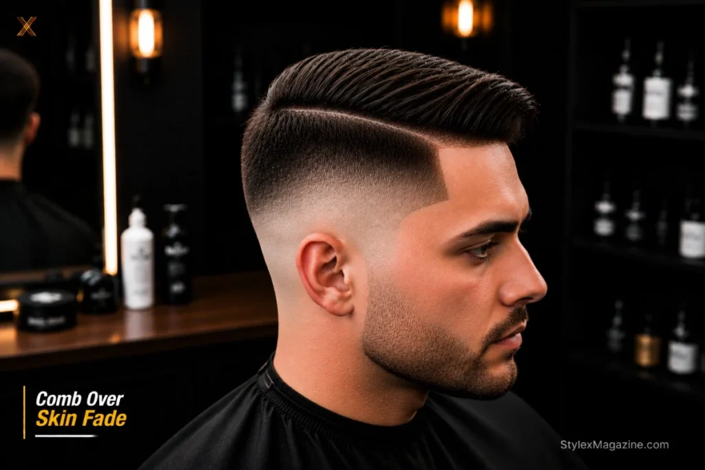 Skin fade comb over showing completely bare skin at base with visible straight razor finish line