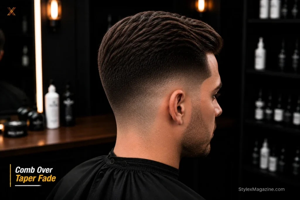 Comb over taper fade showing visible hair remaining at neckline base with no bare skin