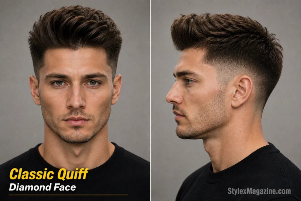 Classic quiff on diamond face showing upward forward volume at front adding height above cheekbones