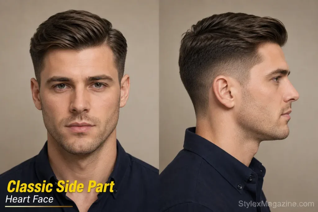 Classic side part on heart face showing natural soft part creating asymmetry with low mid fade