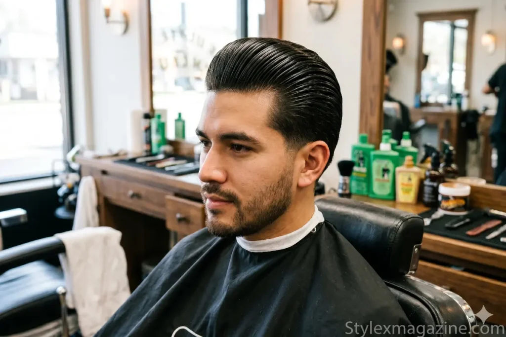 Classic slick back haircut showing high shine pomade finish with full backward sweep and tapered sides