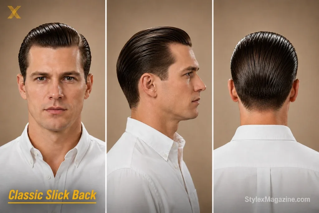 Classic slick back haircut on a man with oval face, straight dark hair combed flat with pomade, tapered sides