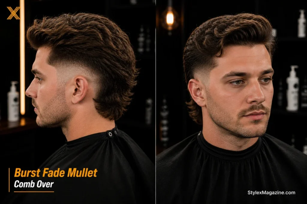 Comb over burst fade mullet showing swept top with burst arc on sides and longer back preserved