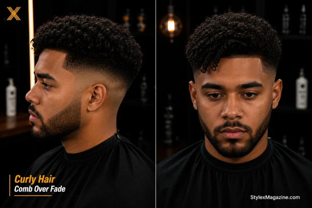 Comb over fade on curly hair showing defined curls staying present while directed loosely to one side