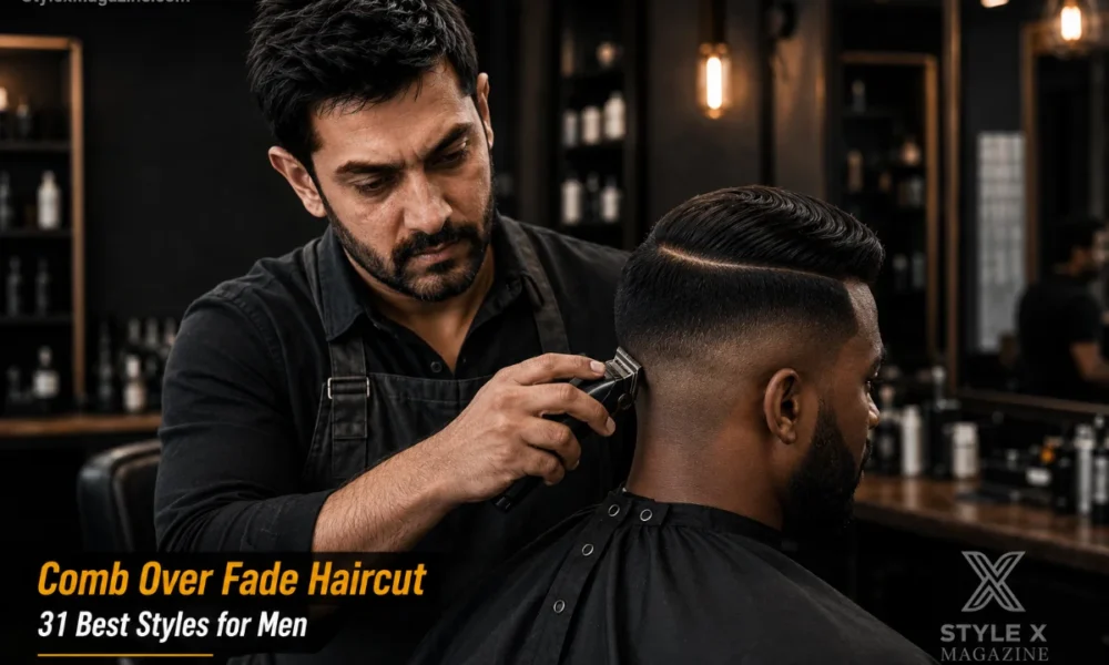 Comb over fade haircut featured image showing a fresh comb over fade on a client in a professional barbershop