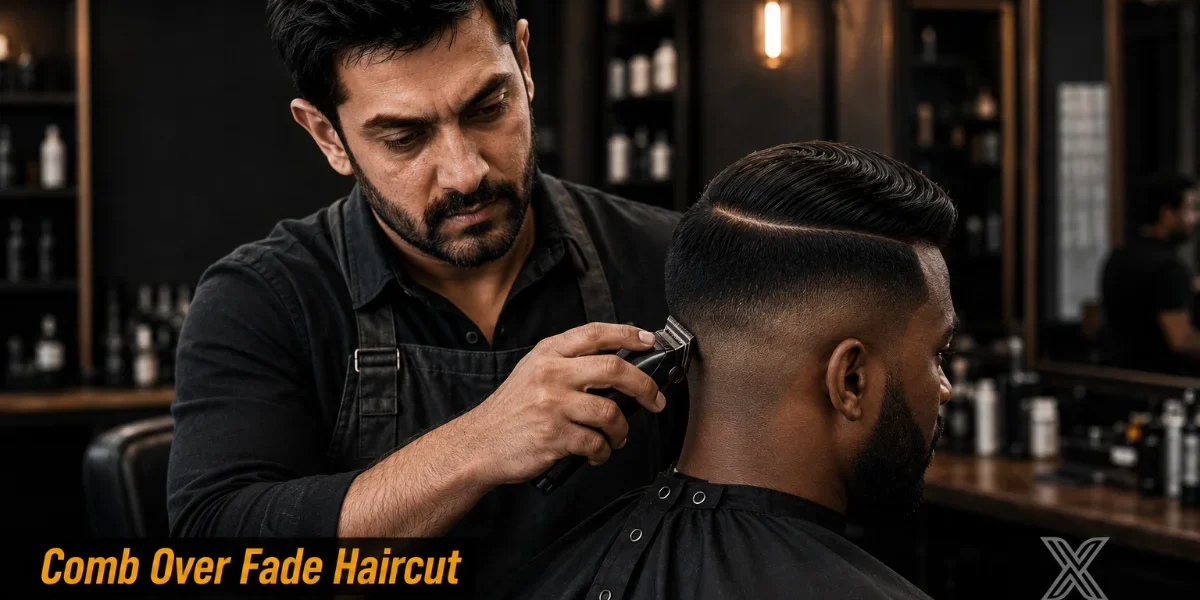 Comb over fade haircut featured image showing a fresh comb over fade on a client in a professional barbershop