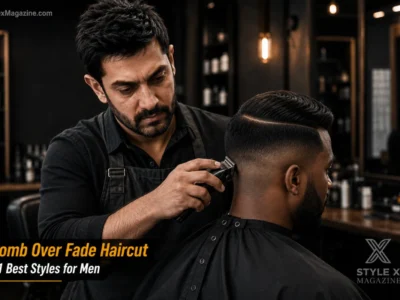 Comb over fade haircut featured image showing a fresh comb over fade on a client in a professional barbershop
