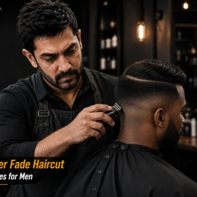 Comb over fade haircut featured image showing a fresh comb over fade on a client in a professional barbershop