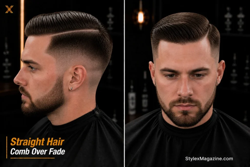  Comb over fade on straight hair showing sharpest most precise part line and fade detail