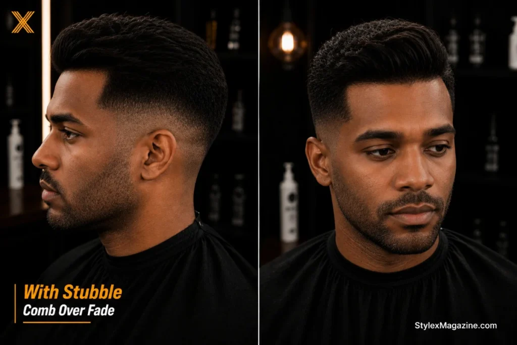 Comb over fade with stubble showing low fade transitioning naturally into 3 to 5 days stubble