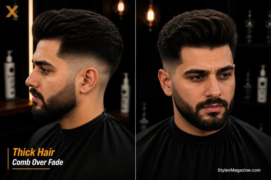 Comb over fade on thick hair with mid fade removing side bulk showing density contrast