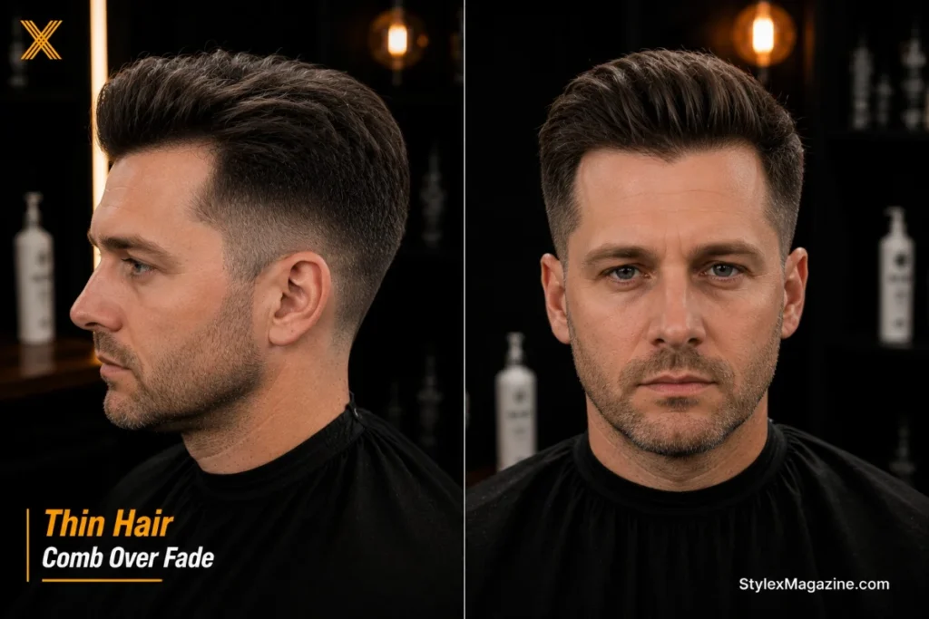 Comb over fade on thin hair with low fade keeping sides full and mousse volume on top