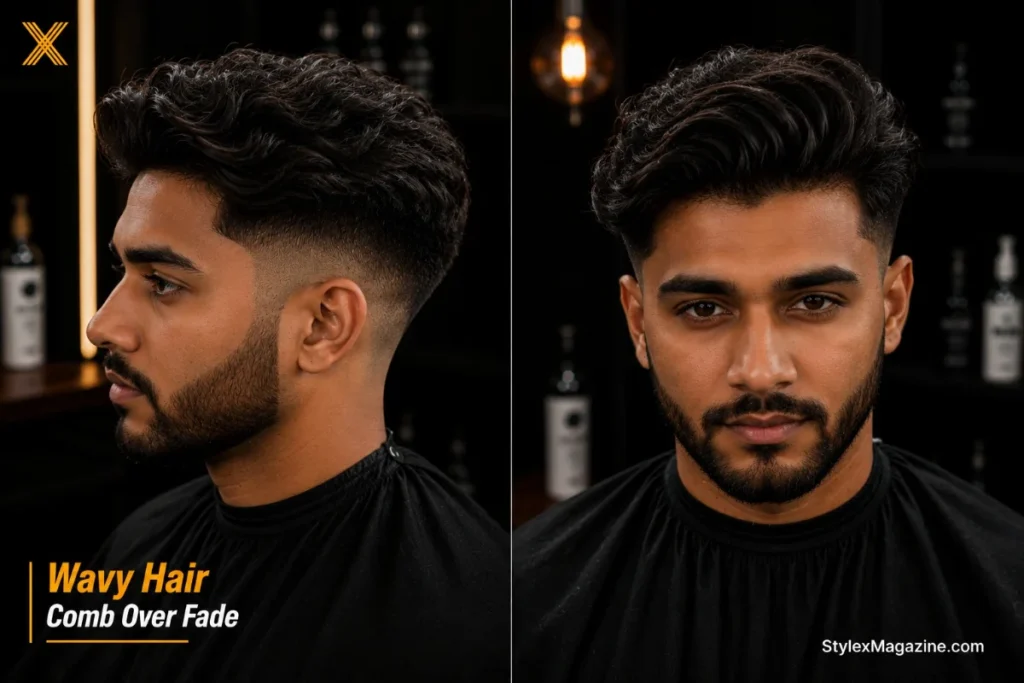 Comb over fade on wavy hair showing natural wave adding volume and movement to swept direction