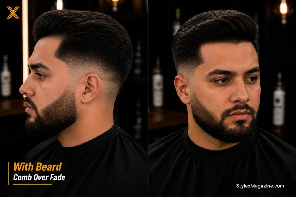Comb over fade with beard showing mid fade connecting seamlessly into beard at sideburn