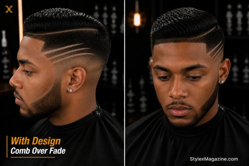  Comb over fade with geometric lines shaved into high faded sides showing precise razor design work