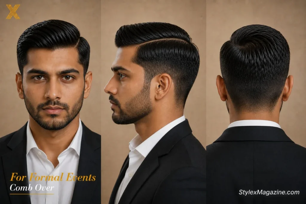 Formal comb over showing slicked hard part finish styled for weddings and formal occasions