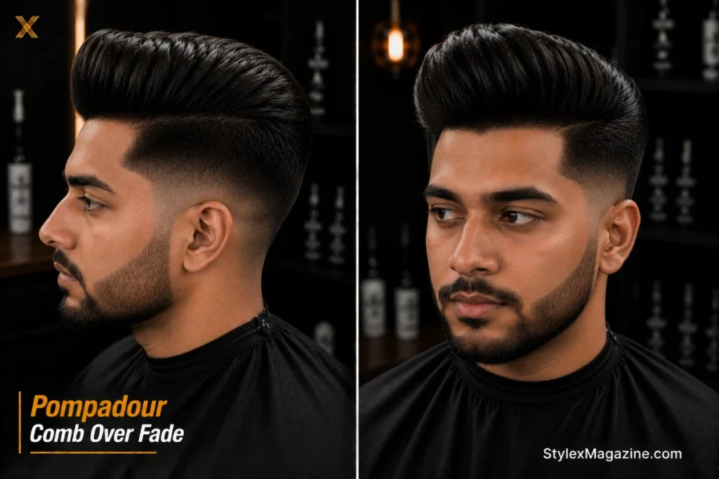 Comb over fade pompadour with raised ridge above forehead swept back and directed to one side