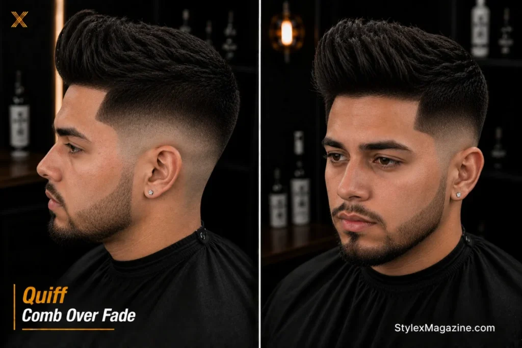 Comb over fade quiff with volume pushed forward and upward at front then sweeping to one side