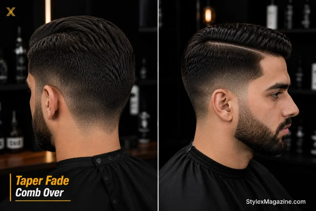 Comb over taper fade showing hair always remaining at neckline base with no bare skin