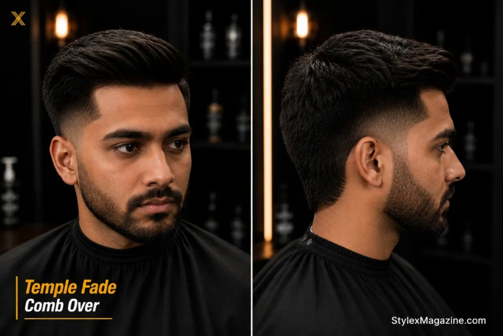 Comb over temple fade showing sharp fade at temples and hairline with fuller hair at back