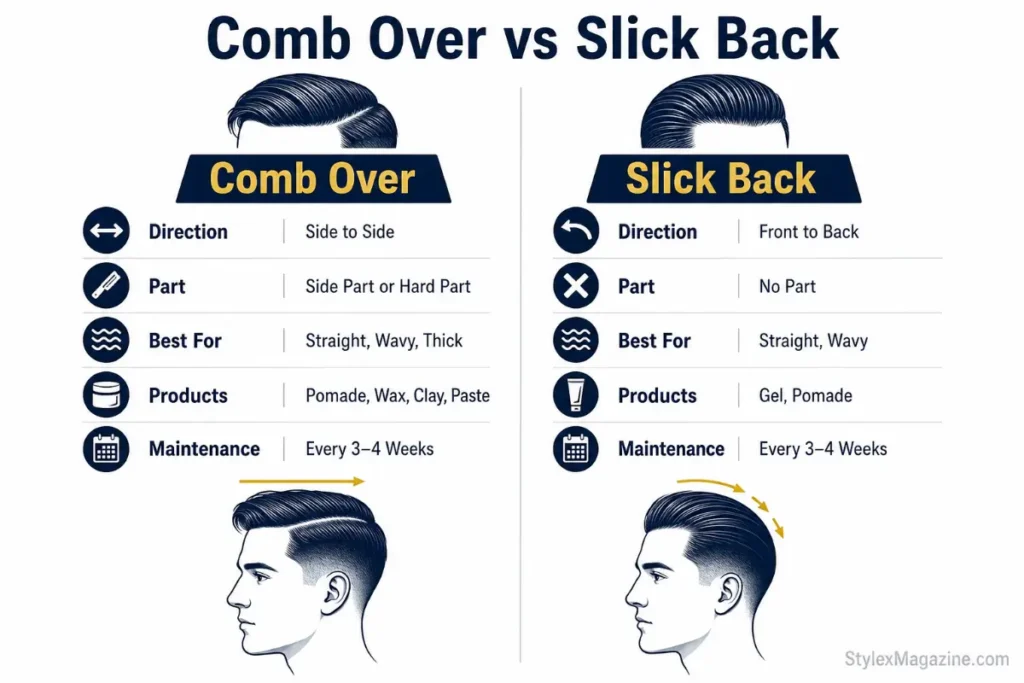 Comb over vs slick back detailed infographic comparison showing key differences in direction part products face shape and maintenance