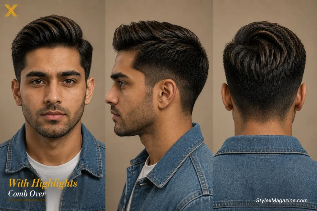 Comb over with subtle highlights showing dimension through foiled sections on dark hair