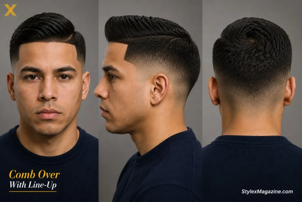 Comb over with sharp line-up showing razor-sharpened hairline and temple edges
