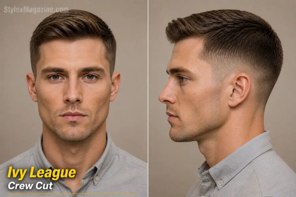 Ivy League crew cut on diamond face showing 1.5 to 2 inches on top with soft side sweep and low mid fade