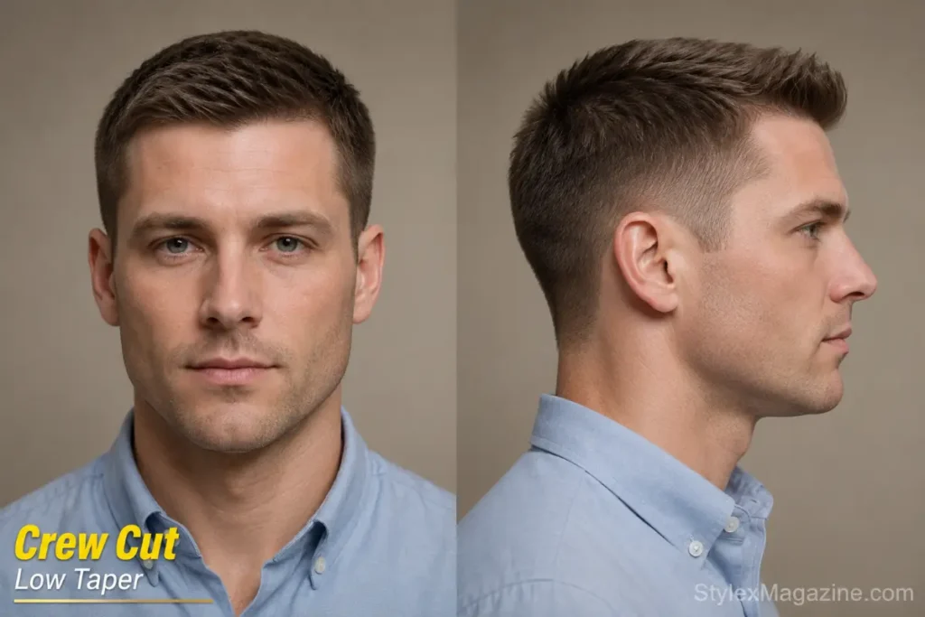 Crew cut with low taper on heart face showing fuller sides at jaw level with soft side sweep on top