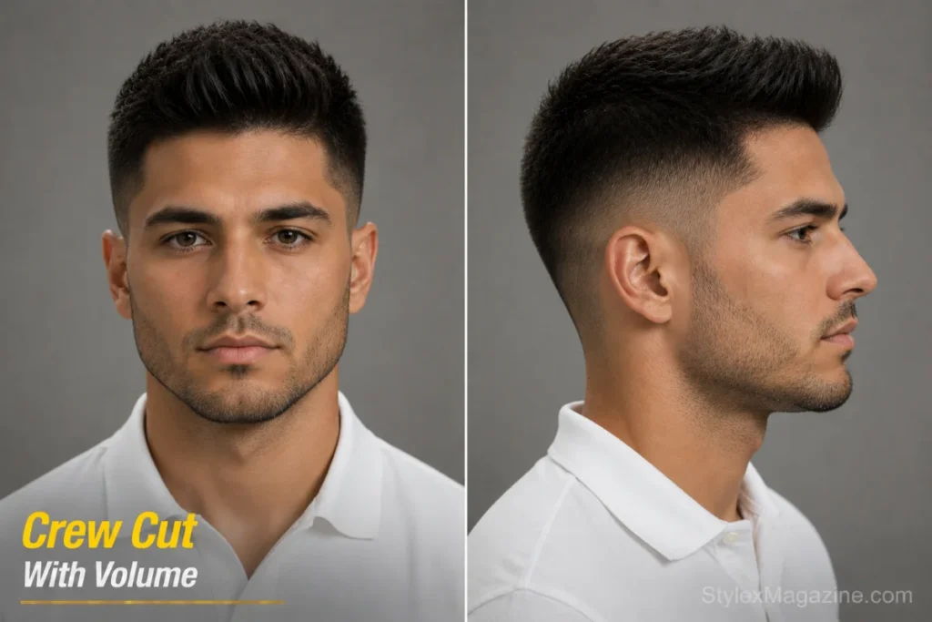 Crew cut with upward volume on triangle face showing blow dried top adding height above jaw