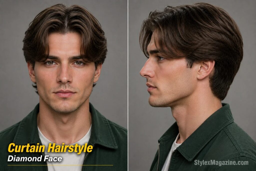Curtain hairstyle on diamond face showing center part with hair falling naturally to both sides adding forehead width