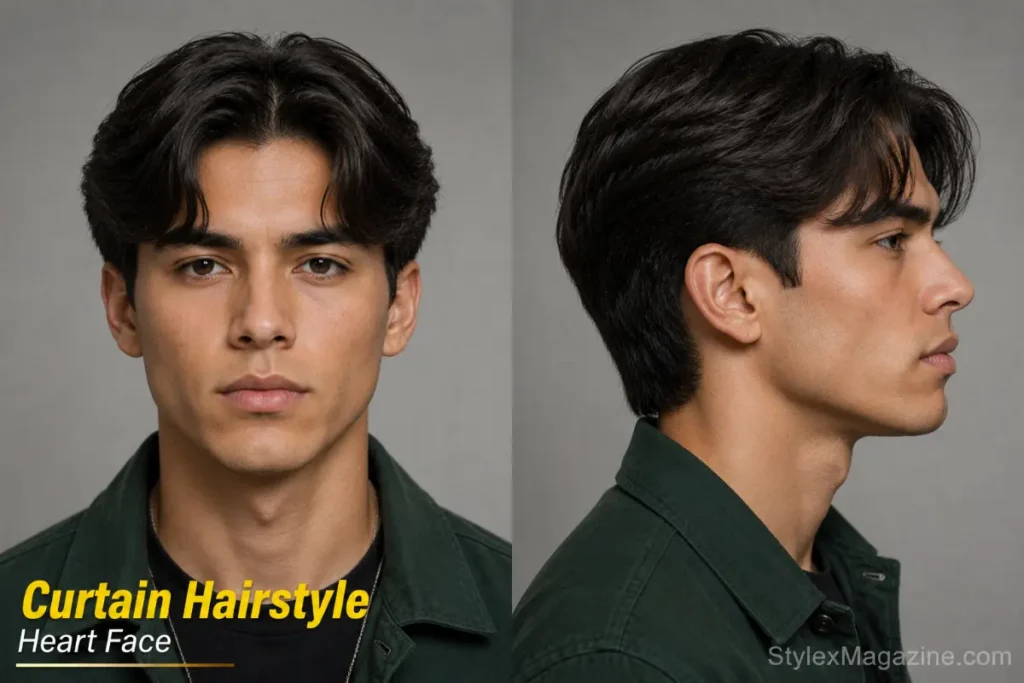  Curtain hairstyle on heart face showing center part hair falling to both sides softening wide forehead