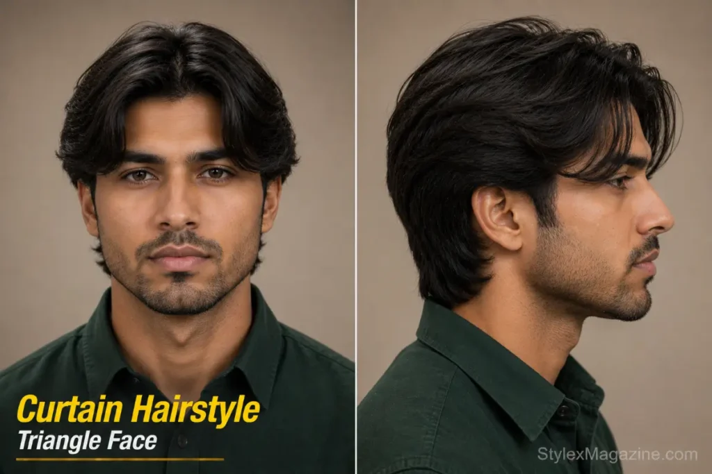 Curtain hairstyle on triangle face showing center part falling both sides adding width to narrow forehead