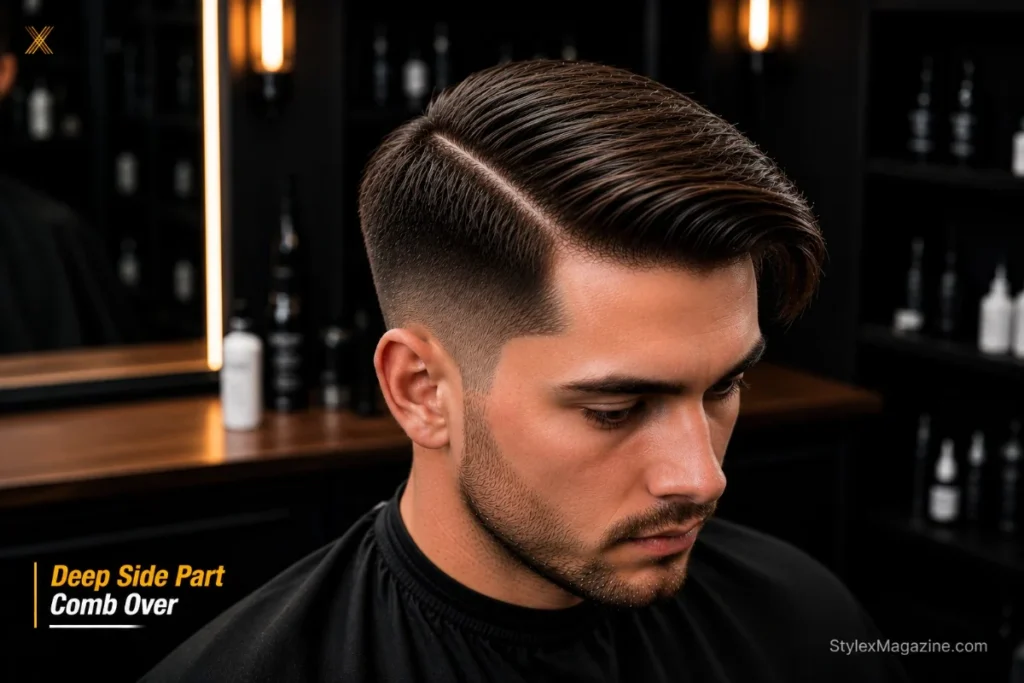 Deep side part comb over showing dramatically wide sweep of hair from far-positioned part line