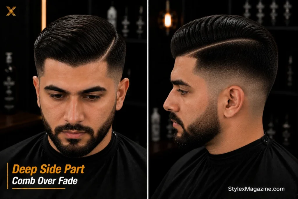 Deep side part comb over fade showing dramatically wide sweep of hair from far-positioned part line