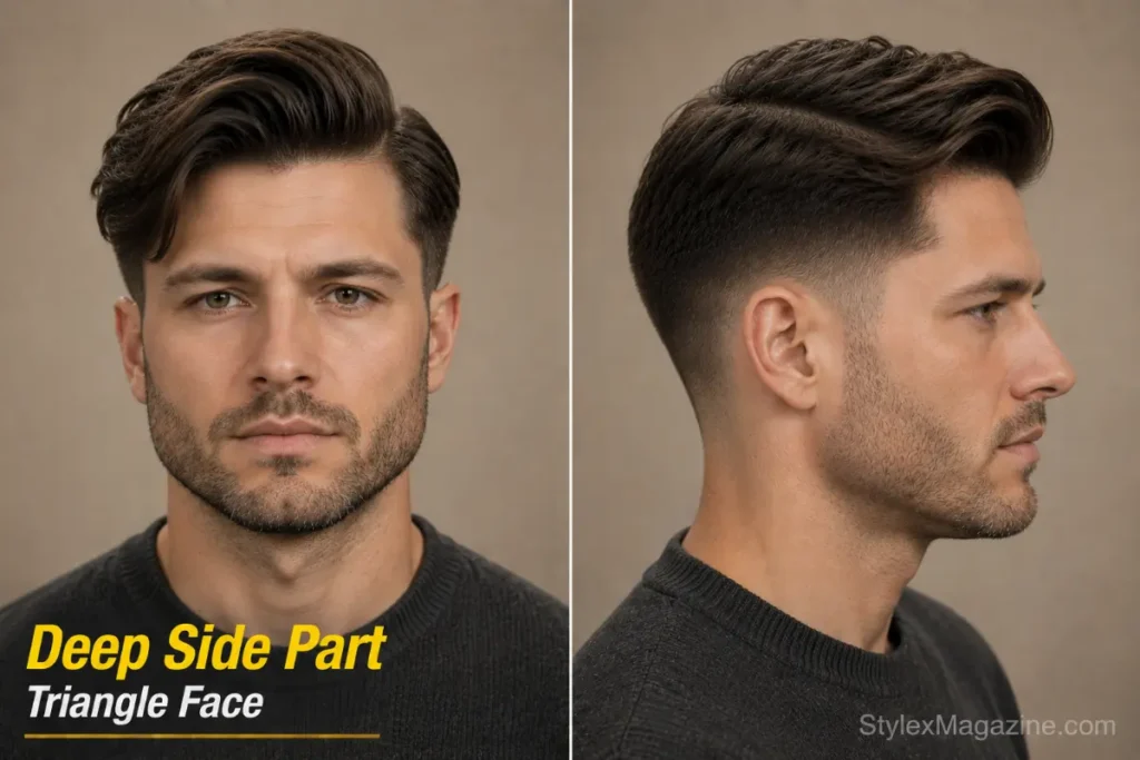 Deep side part on triangle face showing wider sweep of hair across narrow forehead adding apparent width