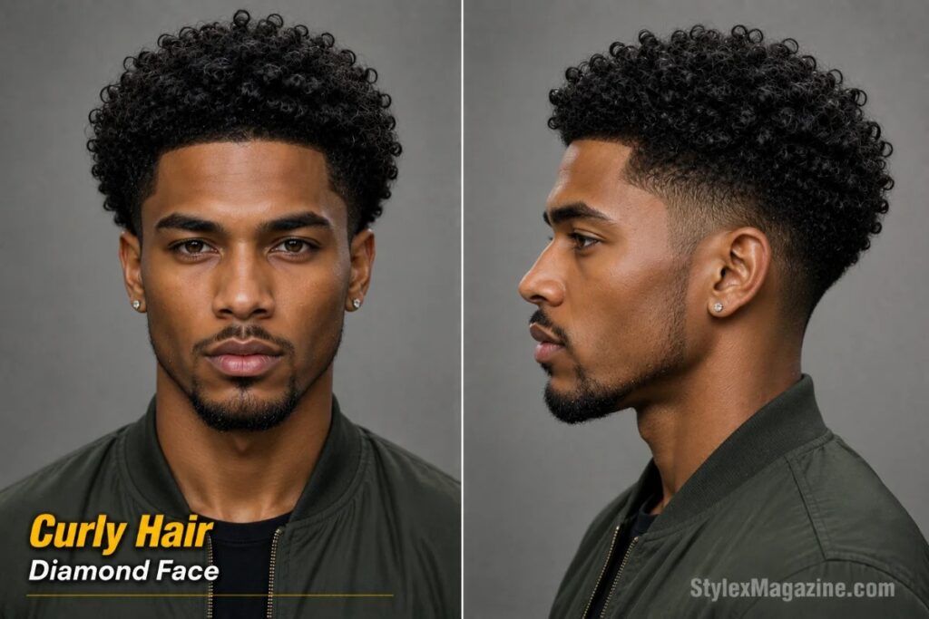 Diamond face shape with curly hair showing natural curl volume adding width at forehead and crown with low taper