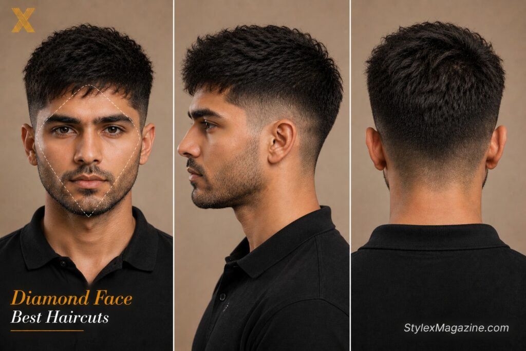 Diamond face shape haircut showing wide cheekbones with narrow forehead and jaw balanced by medium length textured cro