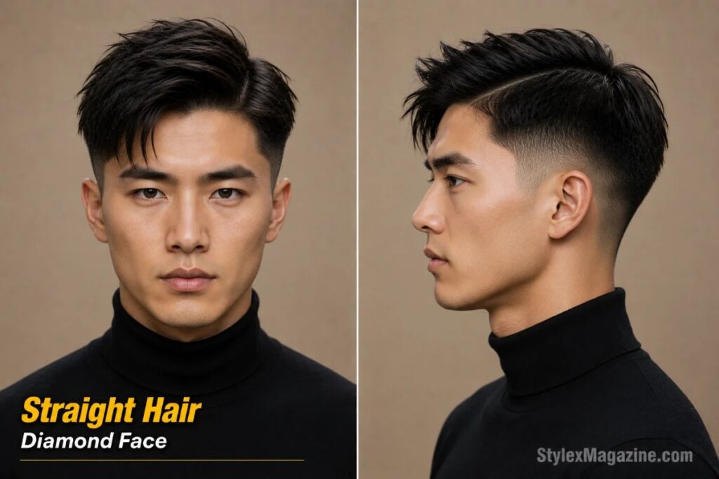 Diamond face shape with straight hair showing precise sharp fade and part lines unique to straight hair texture