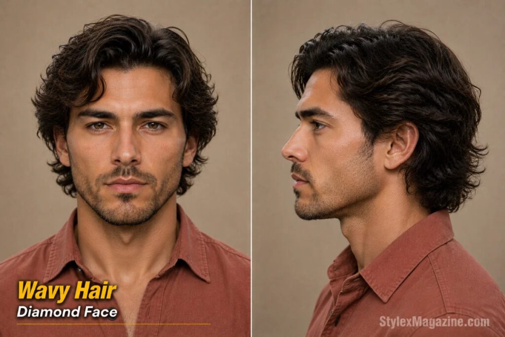Diamond face shape with wavy hair showing natural wave movement adding softness and horizontal dimension