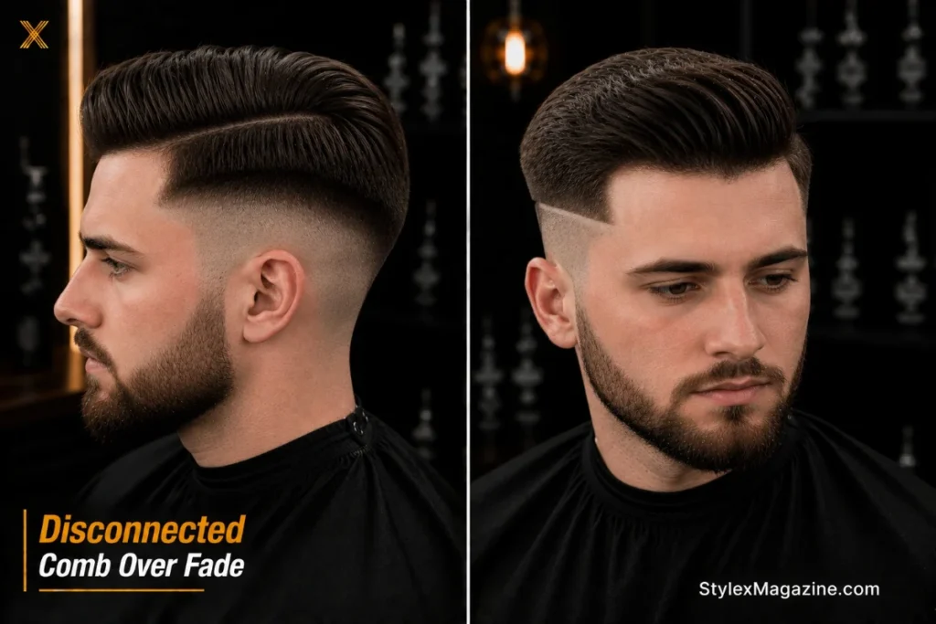 Disconnected comb over fade showing hard visible gap between longer top and short sides with zero blending