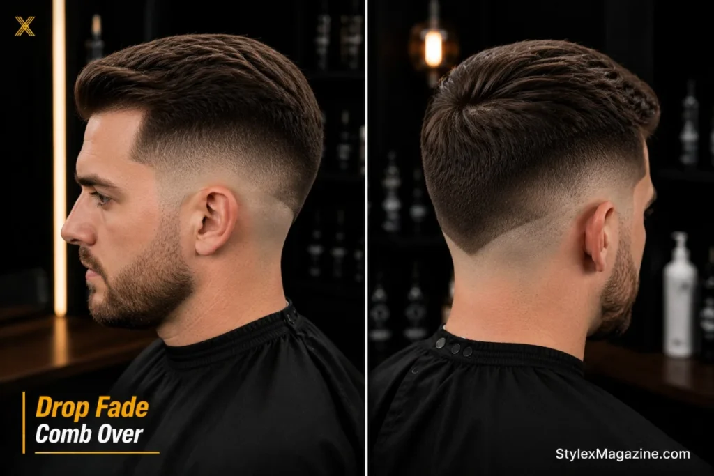 Drop fade comb over showing fade line dropping lower behind the ear creating sculpted back profile