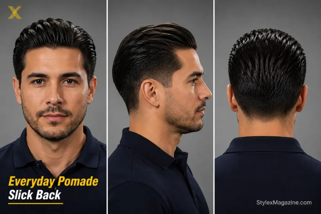 Everyday slick back with water-based pomade on a Hispanic man with oval face, medium shine, natural hold