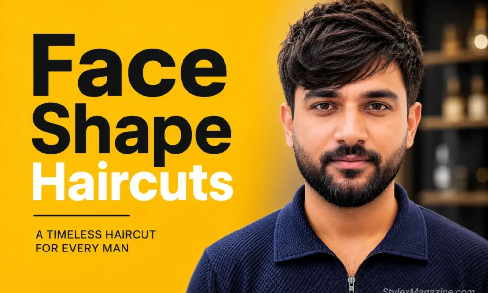 Face shape haircuts for men featured image showing barber measuring client face shape with tape measure