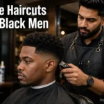 Fade haircuts for Black men featured image showing professional barber working on a Black man's fade in a barbershop