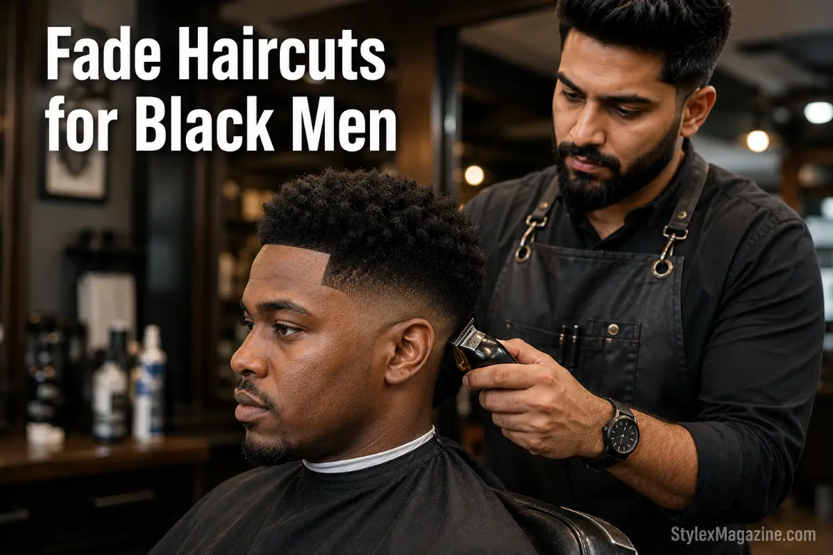Fade haircuts for Black men featured image showing professional barber working on a Black man's fade in a barbershop