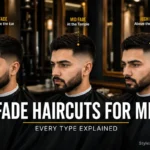 Fade haircuts for men showing all seven fade types side by side in a professional barbershop setting